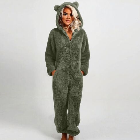 Women's Onesie Pajamas Sherpa Fleece One Piece Romper Zipper Cute Hooded Jumpsuit Pajama Loungewear with Pockets in Saudi Arabia