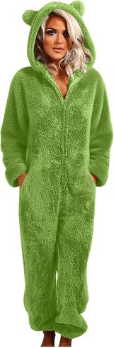 Women's Onesie Pajamas Sherpa Fleece One Piece Romper Zipper Cute Hooded Jumpsuit Pajama Loungewear with Pockets in Saudi Arabia
