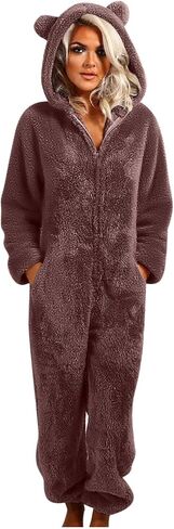 Women's Onesie Pajamas Sherpa Fleece One Piece Romper Zipper Cute Hooded Jumpsuit Pajama Loungewear with Pockets in Saudi Arabia