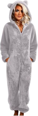 Women's Onesie Pajamas Sherpa Fleece One Piece Romper Zipper Cute Hooded Jumpsuit Pajama Loungewear with Pockets in Saudi Arabia