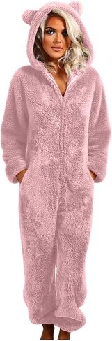 Women's Onesie Pajamas Sherpa Fleece One Piece Romper Zipper Cute Hooded Jumpsuit Pajama Loungewear with Pockets in Saudi Arabia