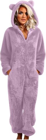 Women's Onesie Pajamas Sherpa Fleece One Piece Romper Zipper Cute Hooded Jumpsuit Pajama Loungewear with Pockets in Saudi Arabia