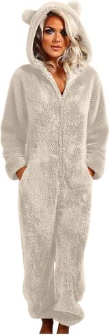 Women's Onesie Pajamas Sherpa Fleece One Piece Romper Zipper Cute Hooded Jumpsuit Pajama Loungewear with Pockets in Saudi Arabia