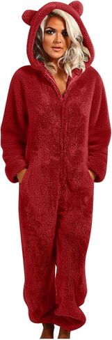 Women's Onesie Pajamas Sherpa Fleece One Piece Romper Zipper Cute Hooded Jumpsuit Pajama Loungewear with Pockets in Saudi Arabia