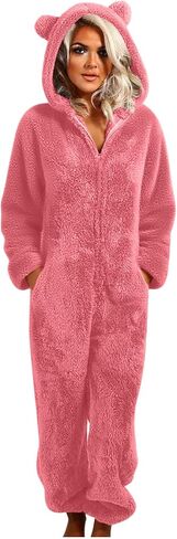 Women's Onesie Pajamas Sherpa Fleece One Piece Romper Zipper Cute Hooded Jumpsuit Pajama Loungewear with Pockets in Saudi Arabia