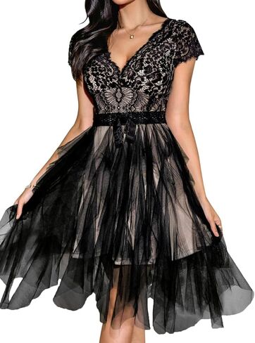 ShawGobow Lace Tulle Dress,Backless Deep V Short Formal Dresses for Women,Cocktail Party Wedding Guest Outfits in Saudi Arabia