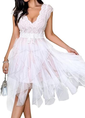 ShawGobow Lace Tulle Dress,Backless Deep V Short Formal Dresses for Women,Cocktail Party Wedding Guest Outfits in Saudi Arabia
