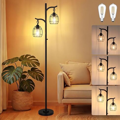 9MMML Floor Lamp for Living Room, Farmhouse Industrial Dimmable Floor Lamps with 2 Hanging Teardrop Cage, Vintage 67'' Tall Black Tree Standing Lamp for Bedroom Office, 2 x 800LM LED Bulbs Included in Saudi Arabia