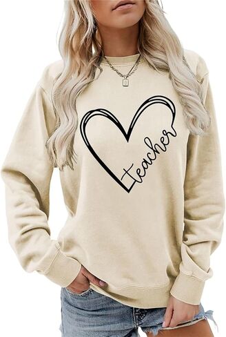 DUDIHOHX Teachers Sweatshirt Women Crewneck Heart Teacher Graphic Shirt Lightweight Long Sleeve Teach Life Fall Pullover Top in Saudi Arabia