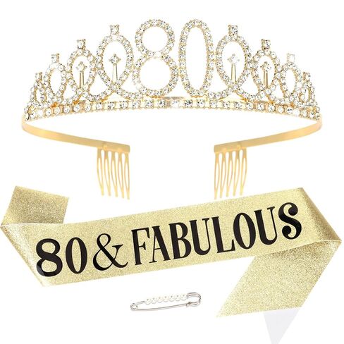 Uintoon 80th Birthday Decorations Gold Tiara Crown and 80 & Fabulous Sash Set for Women Happy 80th Birthday Gifts Ideas for Women 80 Year Old Woman in Saudi Arabia