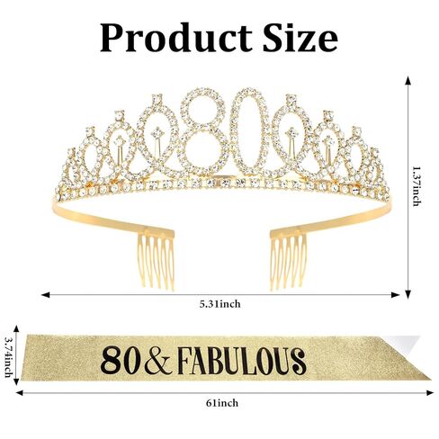 Uintoon 80th Birthday Decorations Gold Tiara Crown and 80 & Fabulous Sash Set for Women Happy 80th Birthday Gifts Ideas for Women 80 Year Old Woman in Saudi Arabia