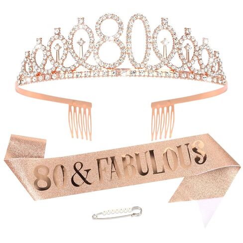 Uintoon 80th Birthday Decorations Gold Tiara Crown and 80 & Fabulous Sash Set for Women Happy 80th Birthday Gifts Ideas for Women 80 Year Old Woman in Saudi Arabia