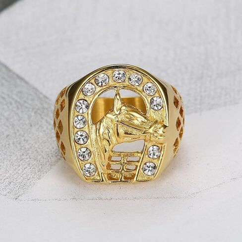 Lucky U-shape Horseshoe Ring for Men,Cubic Zirconia Horse Ring,Unique Cowboy Stainless Steel Gold Plated Ring Biker Vintage Simple Top Ring,Grunge Rocker Fashion Equestrian Jewelry in Saudi Arabia