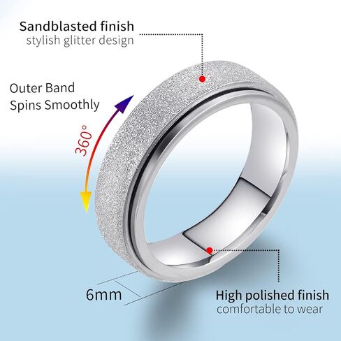 6MM Stainless Steel Glitter Spinner Ring - Fidget Anxiety Relief Ring, Stress-Free Wedding Band in Saudi Arabia