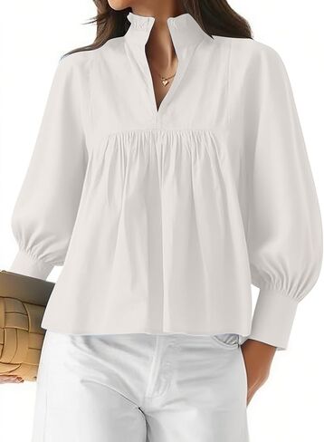 Synound المرأة نفخة كم طويل الخامس الرقبة بلوزة بيبلوم مطوي بيبي دول بلايز الخريف أنيق عادية فضفاض قمصان مناسبة in Kuwait