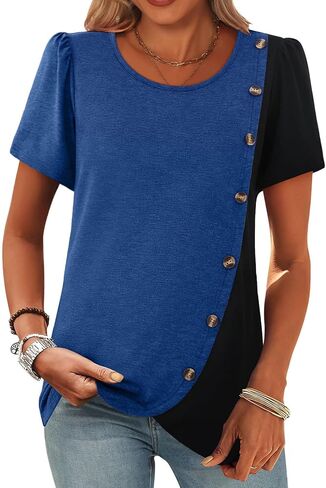 MixShe Womens Color Block Tops Short Sleeve Button Asymmetrical Casual Crewneck Pullover Shirts in Kuwait