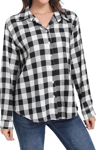 SUNNOW Women's Black White Checkered Long Sleeve Shirt Button Down Collar Casual Blouse Tops in Saudi Arabia