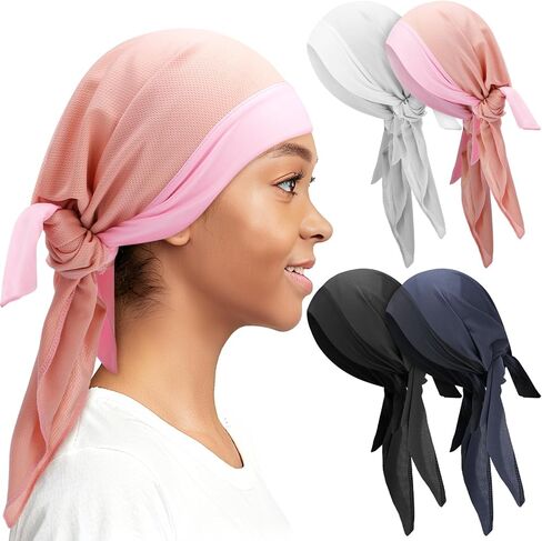 4 قطع من قبعة Durag الرياضية الشبكية من Mepase، لفافة شبكية عالية الامتصاص للنساء، شعر أسود لأي تمرين in Kuwait