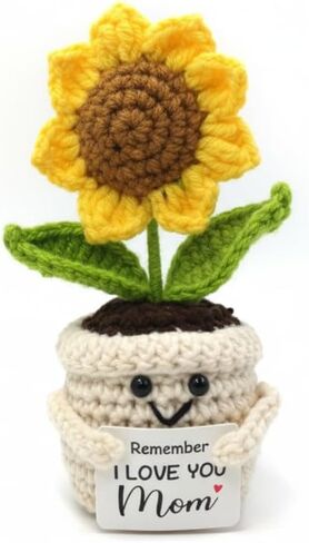 Zenithly Handmade Crochet Sunflower Planter with I Love You Mom Message, 14cm Tall Decorative Flower Pot in Saudi Arabia
