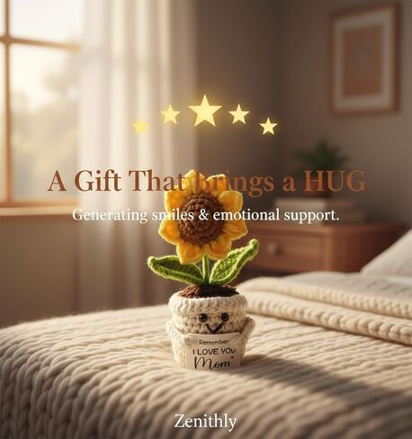 Zenithly Handmade Crochet Sunflower Planter with I Love You Mom Message, 14cm Tall Decorative Flower Pot in Saudi Arabia