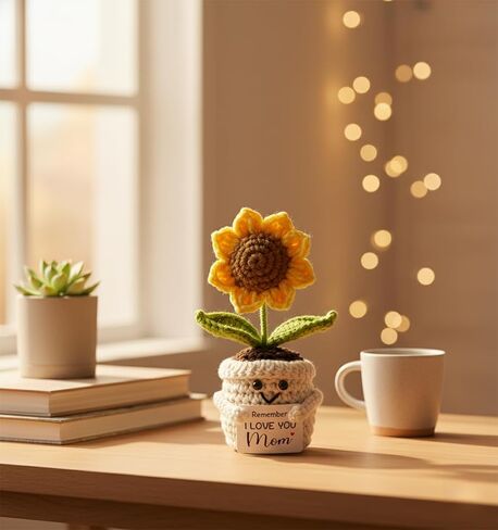Zenithly Handmade Crochet Sunflower Planter with I Love You Mom Message, 14cm Tall Decorative Flower Pot in Saudi Arabia