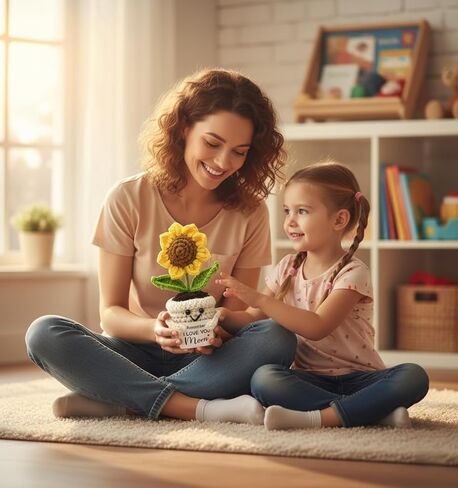 Zenithly Handmade Crochet Sunflower Planter with I Love You Mom Message, 14cm Tall Decorative Flower Pot in Saudi Arabia