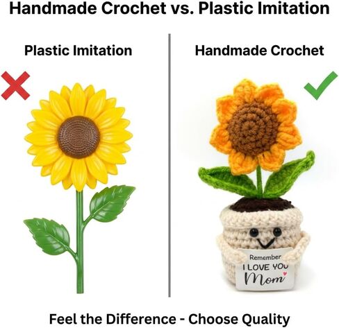 Zenithly Handmade Crochet Sunflower Planter with I Love You Mom Message, 14cm Tall Decorative Flower Pot in Saudi Arabia