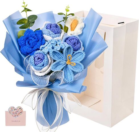 Hlenbin Crochet Flowers Bouquet, Knitted Rose Tulip Calla Lily Flowers Bouquet for Mother's Day, Father's Day, Birthday, Graduation, Home Décor, Gifts for Mom, Dad, Lovers, Friends, Blue in Saudi Arabia