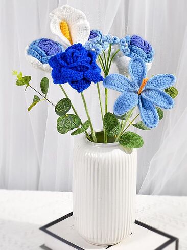 Hlenbin Crochet Flowers Bouquet, Knitted Rose Tulip Calla Lily Flowers Bouquet for Mother's Day, Father's Day, Birthday, Graduation, Home Décor, Gifts for Mom, Dad, Lovers, Friends, Blue in Saudi Arabia