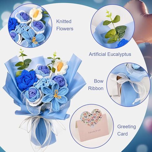 Hlenbin Crochet Flowers Bouquet, Knitted Rose Tulip Calla Lily Flowers Bouquet for Mother's Day, Father's Day, Birthday, Graduation, Home Décor, Gifts for Mom, Dad, Lovers, Friends, Blue in Saudi Arabia