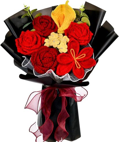 Hlenbin Crochet Flowers Bouquet, Knitted Rose Tulip Calla Lily Flowers Bouquet for Mother's Day, Father's Day, Birthday, Graduation, Home Décor, Gifts for Mom, Dad, Lovers, Friends, Blue in Saudi Arabia