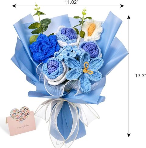 Hlenbin Crochet Flowers Bouquet, Knitted Rose Tulip Calla Lily Flowers Bouquet for Mother's Day, Father's Day, Birthday, Graduation, Home Décor, Gifts for Mom, Dad, Lovers, Friends, Blue in Saudi Arabia