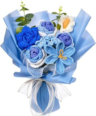 Hlenbin Crochet Flowers Bouquet, Knitted Rose Tulip Calla Lily Flowers Bouquet for Mother's Day, Father's Day, Birthday, Graduation, Home Décor, Gifts for Mom, Dad, Lovers, Friends, Blue in Saudi Arabia