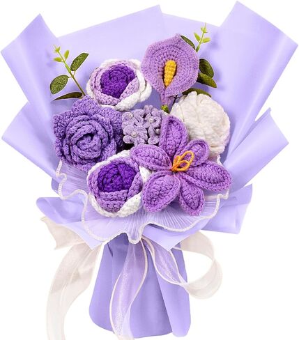 Hlenbin Crochet Flowers Bouquet, Knitted Rose Tulip Calla Lily Flowers Bouquet for Mother's Day, Father's Day, Birthday, Graduation, Home Décor, Gifts for Mom, Dad, Lovers, Friends, Blue in Saudi Arabia
