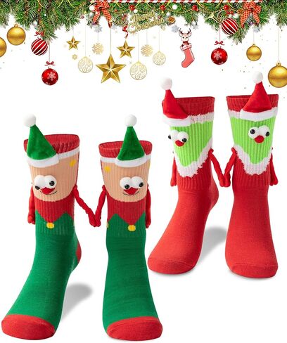Tuuwjo 2 Pairs Christmas Funny Magnetic Hand Holding Socks for Women Men Kids Crazy Silly Socks Novelty White Elephant Gifts in Saudi Arabia