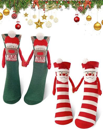 Tuuwjo 2 Pairs Christmas Funny Magnetic Hand Holding Socks for Women Men Kids Crazy Silly Socks Novelty White Elephant Gifts in Saudi Arabia