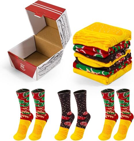 علبة هدايا جوارب Wacloud Funny Burger - 3 أزواج من الأحذية المستوحاة من الطعام للرجال والنساء والمراهقين - مزيج قطني عالي الكثافة 200N - هدية همبرغر مبتكرة لأعياد الميلاد والكريسماس والفيل الأبيض in Kuwait