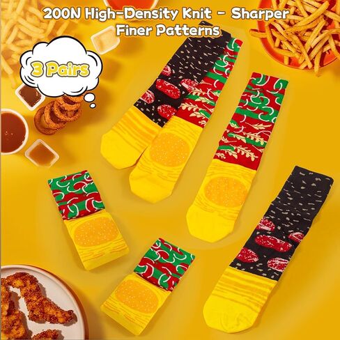علبة هدايا جوارب Wacloud Funny Burger - 3 أزواج من الأحذية المستوحاة من الطعام للرجال والنساء والمراهقين - مزيج قطني عالي الكثافة 200N - هدية همبرغر مبتكرة لأعياد الميلاد والكريسماس والفيل الأبيض in Kuwait