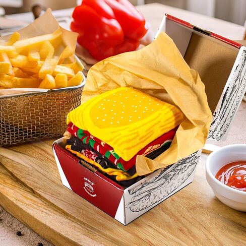 علبة هدايا جوارب Wacloud Funny Burger - 3 أزواج من الأحذية المستوحاة من الطعام للرجال والنساء والمراهقين - مزيج قطني عالي الكثافة 200N - هدية همبرغر مبتكرة لأعياد الميلاد والكريسماس والفيل الأبيض in Kuwait