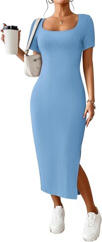 CFLONGE المرأة 2024 الصيف Bodycon فساتين الشمس عادية كم قصير ساحة الرقبة ميدي فستان متماسكة الجانب الشق طويل مضلع فساتين in Kuwait