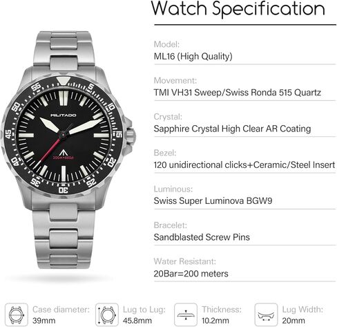 Militado ML16 39 mm Quartz Watches for Men - TMI VH31 Sweep & 515 Movement Quartz Field Diver Watch, 20 Bar Waterproof Luxury Diving Sapphire Crystal BGW9 Super Luminous Wrist Watch in Saudi Arabia