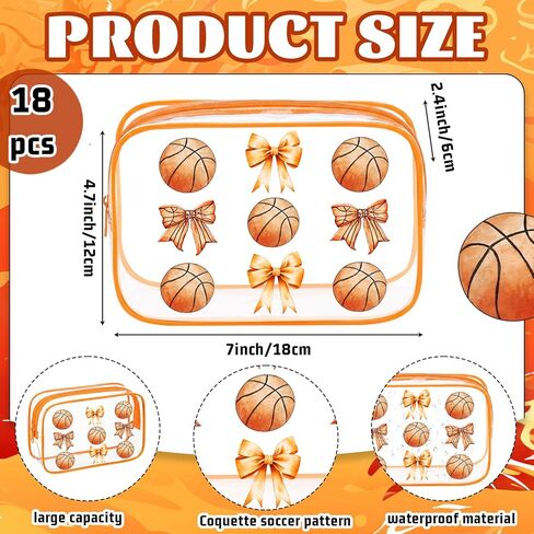 Sunnymove 18 Pcs Basketball Clear Makeup Bags 7 x 4.7 x 2.4 Inch Basketball Goodie Gift Bags Waterproof PVC Cosmetic Pouch with Zipper Portable Travel Pouch Organizer for Team Gift & Sport Party Favor in Saudi Arabia