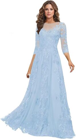 Lace Mother of The Bride Dress Long for Wedding Party Guest 3/4 Sleeves Formal Evening Gown JH028 in Saudi Arabia
