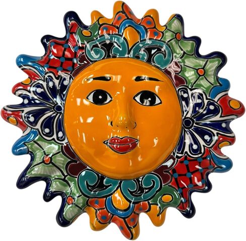Talavera Sun Face الفن الشعبي متعدد الألوان المكسيكي الفخار ديكور المنزل مرسومة يدويًا يدويًا في الأماكن المغلقة والخارجية بقطر 12 بوصة (متعدد) in Kuwait