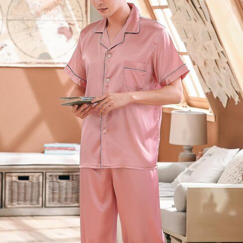 Rojeam Men Silk Satin Pajamas Set Mens Pyjamas Two Piece Pjs Sets Sleepwear Loungewear in Saudi Arabia
