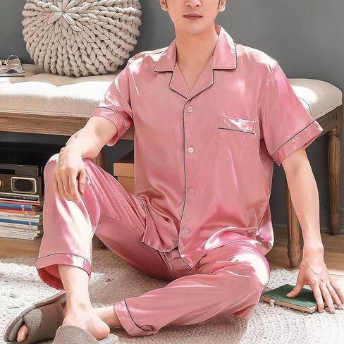 Rojeam Men Silk Satin Pajamas Set Mens Pyjamas Two Piece Pjs Sets Sleepwear Loungewear in Saudi Arabia