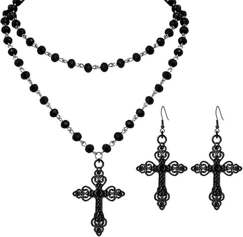 coadipress Gothic Layered Black Choker Necklace Earrings Set for Women Punk Black Bead Bat Cross Crescent Moon Sun Heart Earrings and Necklace Goth Halloween Christmas Jewelry Set Gift in Saudi Arabia