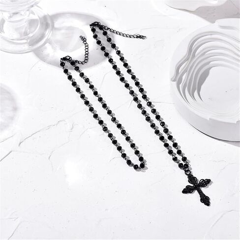 coadipress Gothic Layered Black Choker Necklace Earrings Set for Women Punk Black Bead Bat Cross Crescent Moon Sun Heart Earrings and Necklace Goth Halloween Christmas Jewelry Set Gift in Saudi Arabia
