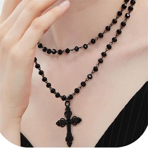 coadipress Gothic Layered Black Choker Necklace Earrings Set for Women Punk Black Bead Bat Cross Crescent Moon Sun Heart Earrings and Necklace Goth Halloween Christmas Jewelry Set Gift in Saudi Arabia