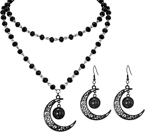 coadipress Gothic Layered Black Choker Necklace Earrings Set for Women Punk Black Bead Bat Cross Crescent Moon Sun Heart Earrings and Necklace Goth Halloween Christmas Jewelry Set Gift in Saudi Arabia